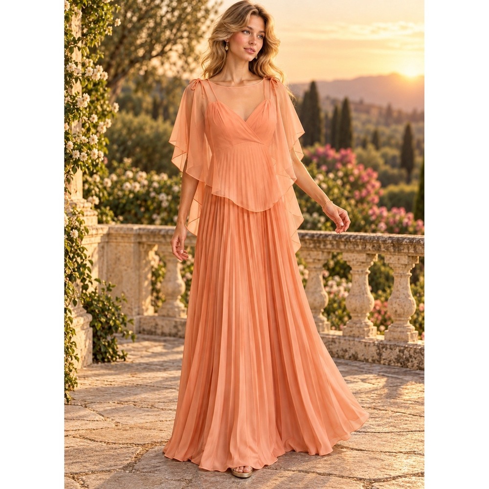 Vintage Formal Maxi Dress 80's Pleated Sheer Capelet XS/S  Evening Gown
